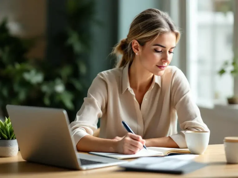 Professionele vrouw van middelbare leeftijd schrijft bedachtzaam in notitieboek aan houten bureau met laptop, koffie en vetplant