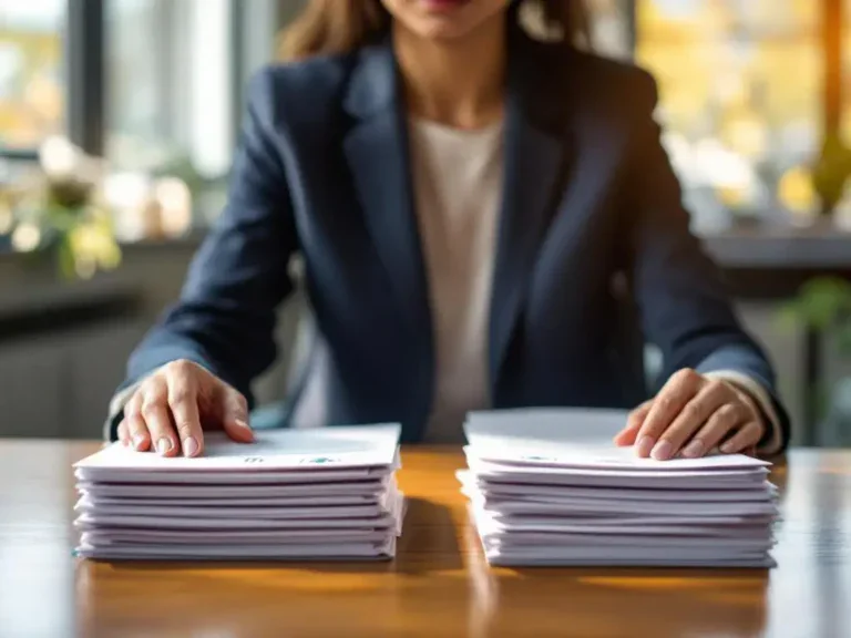 Professionele vrouw in kantoorkleding bekijkt documenten over medische revalidatie en werkintegratie aan houten bureau