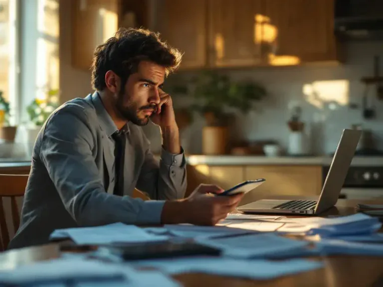 Bezorgde professional aan keukentafel met rekeningen en calculator, kijkend naar laptop met vacatures, warm zonlicht door raam