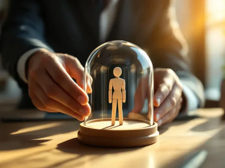 Handen plaatsen beschermende glazen koepel over houten figuur op eiken bureau, symboliseert werknemerbescherming tijdens reïntegratie