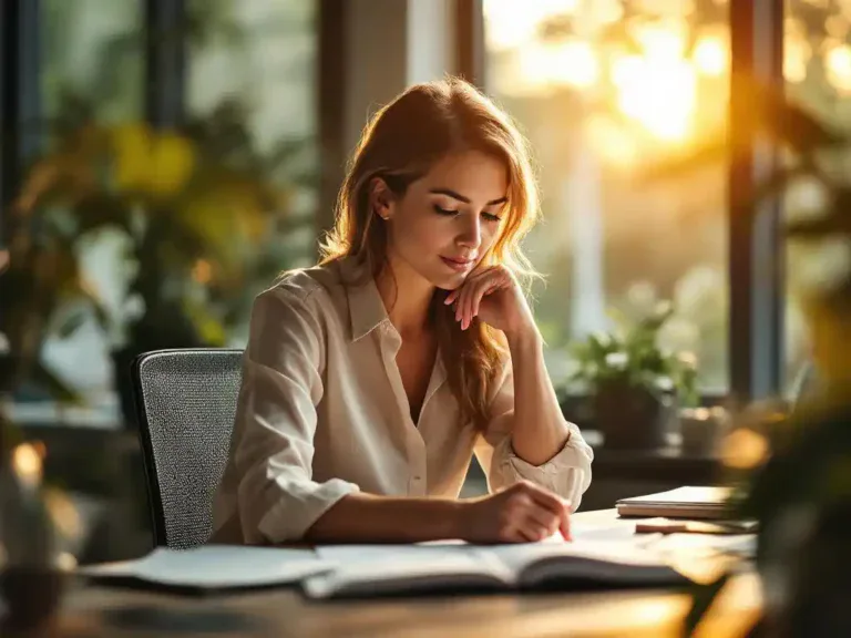 Professionele vrouw strekt pols tijdens documentenreview aan ergonomische werkplek met planten en natuurlijk licht