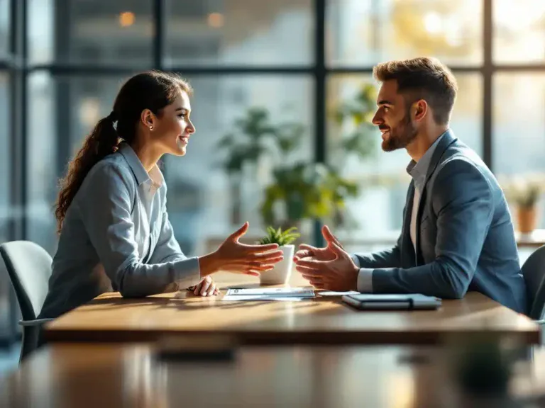 Twee professionele collega's in gesprek aan moderne vergadertafel, één persoon gebaart kalm terwijl ander aandachtig luistert in kantoor met natuurlijk licht
