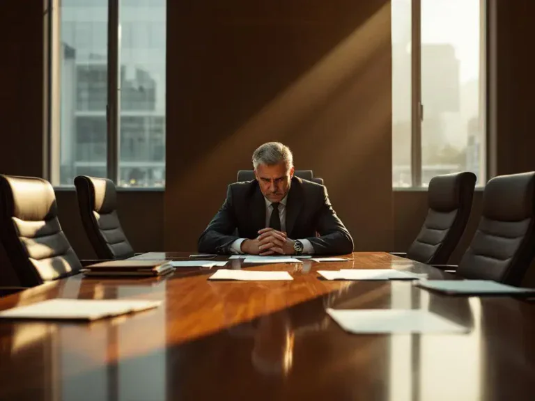 Bezorgde zakelijke professional zit alleen aan vergadertafel met lege stoelen en documenten, kantooromgeving met natuurlijk licht