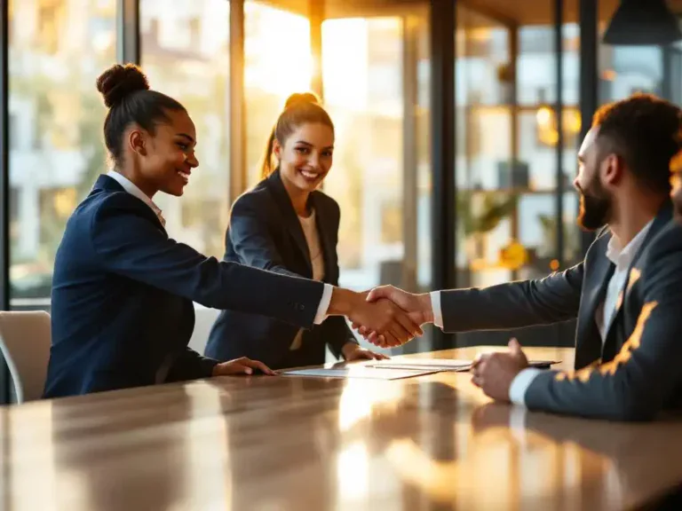 Professionele vrouw schudt handen met diverse zakelijke collega's aan conferentietafel in modern kantoor met natuurlijk licht