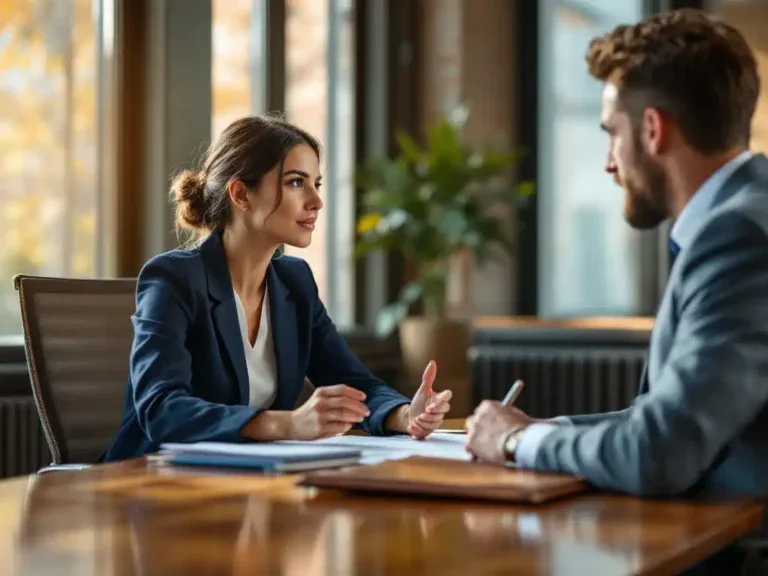 Professionele vrouw in marineblauw jasje bespreekt documenten met man in grijs pak aan vergadertafel