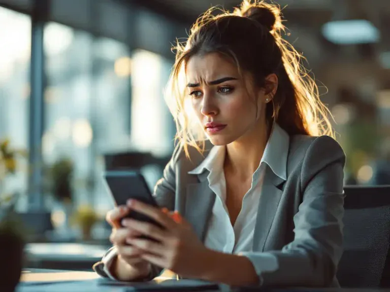 Bezorgde zakenvrouw in kantoor leest negatieve nieuwsberichten op smartphone, natuurlijk licht door ramen