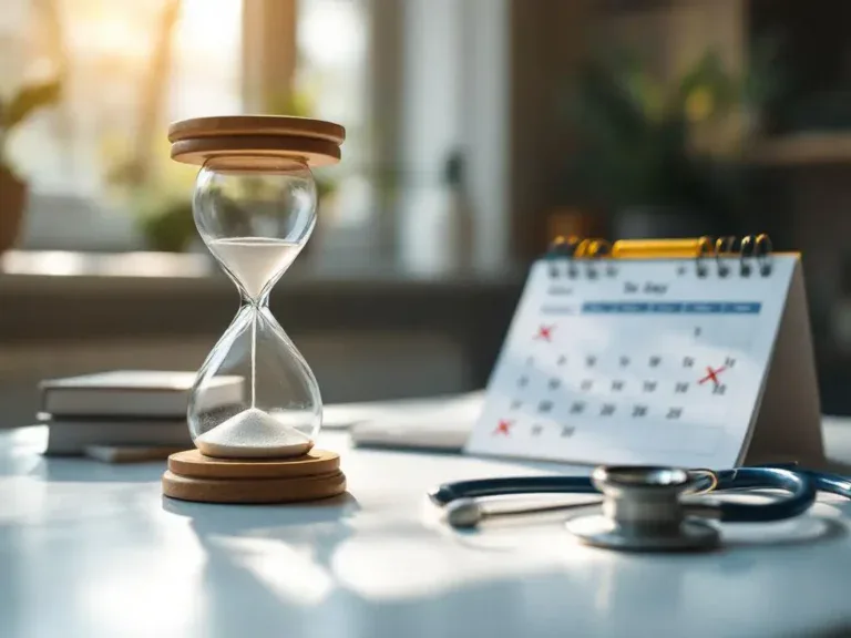 Houten zandloper met doorlopend zand naast opengeslagen kalender met doorgestreepte ziektevrije dagen en stethoscoop op wit bureau