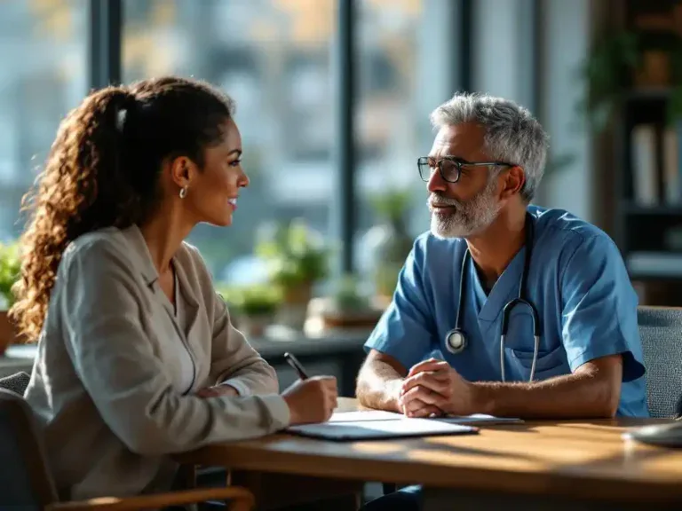 Zorgprofessional in scrubs in gesprek met loopbaancoach aan houten bureau, natuurlijk licht door raam