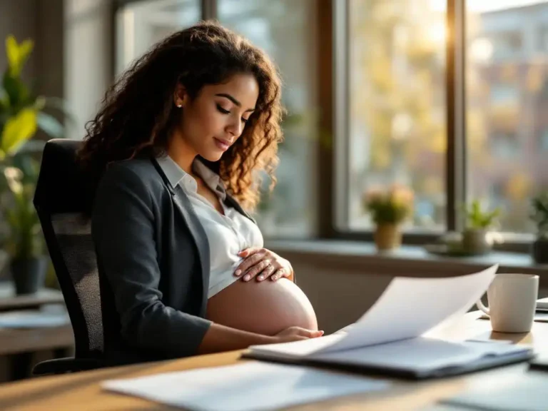 Zwangere vrouw in zakelijke kleding zit aan modern bureau, handen op buik, bekijkt carrièredocumenten bij raam