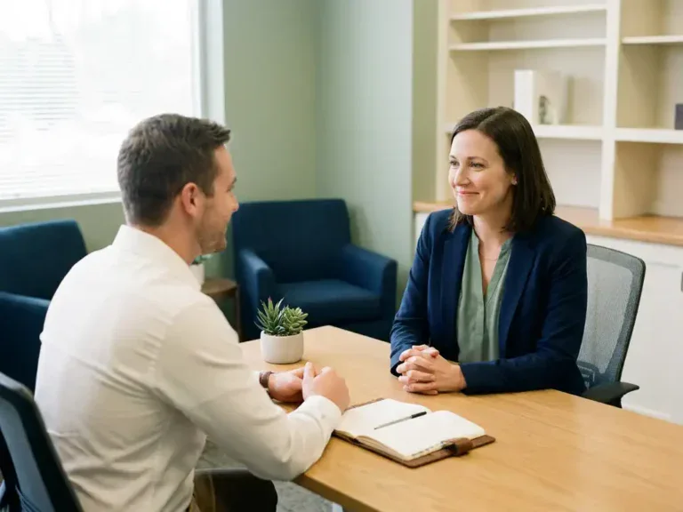 Bedrijfsarts in gesprek met medewerker aan modern bureau, open notitieboek en plant zichtbaar, warme professionele sfeer.