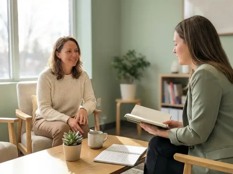 Counselor en werknemer in gesprek aan een houten tafel met succulent, koffie en notitieboek in een rustig, lichtrijk kantoor.