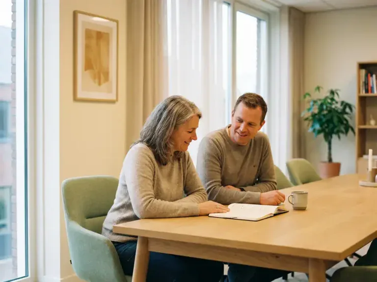 Coach en collega bespreken aantekeningen samen aan een lichte eikenhouten tafel in een modern Nederlands kantoor met warm natuurlijk licht.