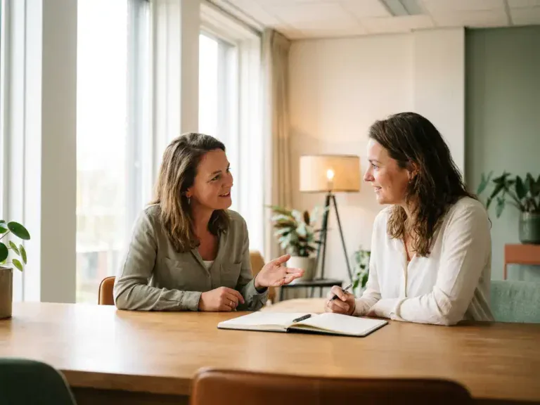 Coach en cliënt in gesprek aan houten bureau met notitieblok, in licht modern Nederlands kantoor met grote ramen.