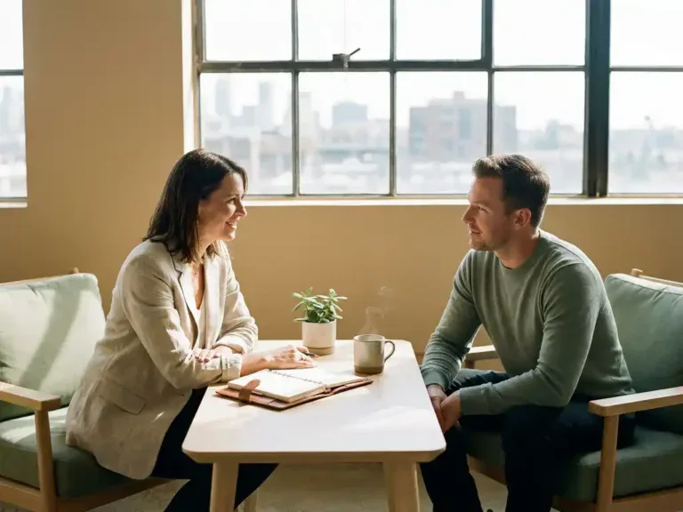 Coach en medewerker in open gesprek aan moderne werkplek met notitieboek en koffie, warm natuurlijk licht.