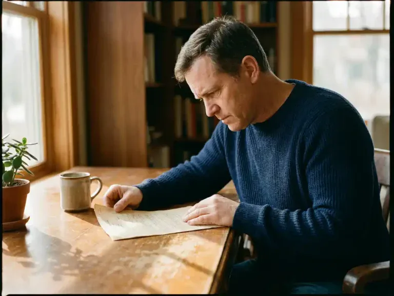Ondernemer aan houten bureau bestudeert document aandachtig, met kamerplant en koffiemok in warm natuurlijk licht.