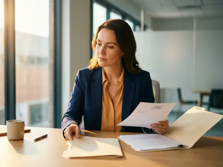 Vrouw vergelijkt zakelijke en persoonlijke facturen aan modern bureau, warm natuurlijk licht, doordachte uitdrukking.