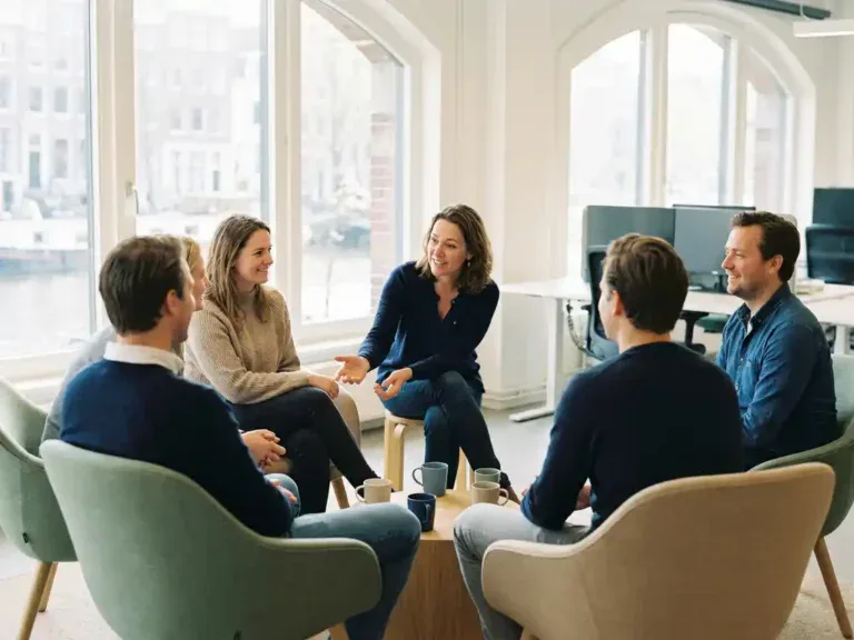 Kleine groep volwassenen in een halve cirkel tijdens een training in een licht Nederlands kantoor, betrokken begeleider leunt naar voren.