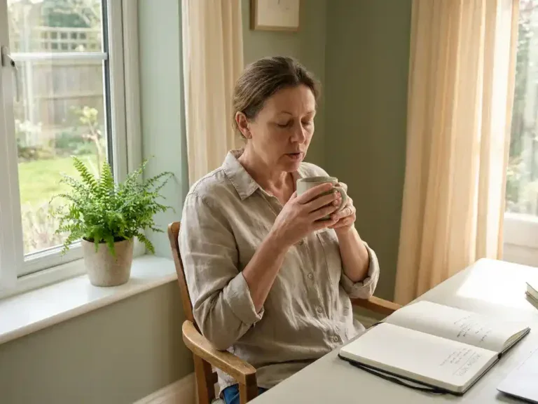 Professional aan licht bureau naast raam, dampende mok en groen plantje, coachingsnotitie­boek, zachte natuurlijke daglichttinten in salie­groen en warm crème.