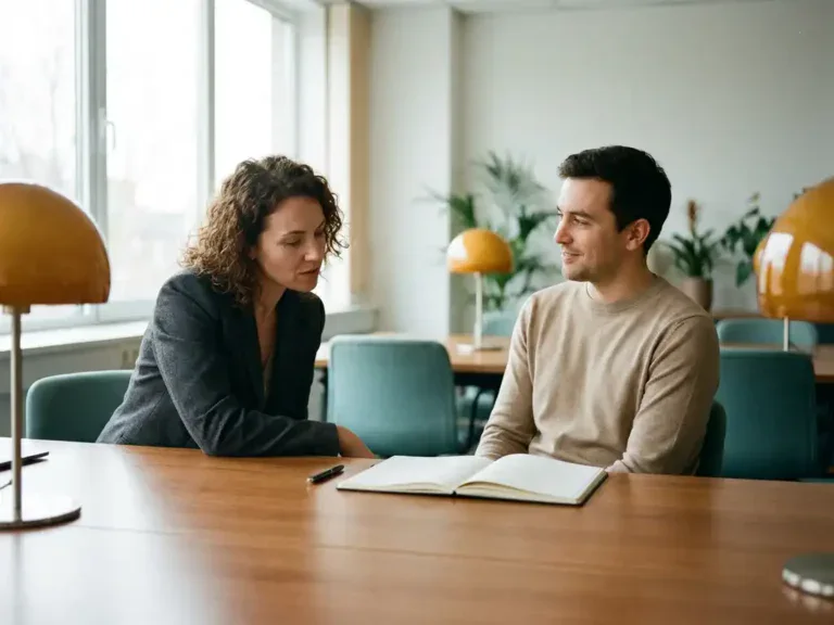 HR-manager en medewerker in gesprek aan modern bureau met open notitieboek, warm natuurlijk licht, sfeer van nieuwe start.