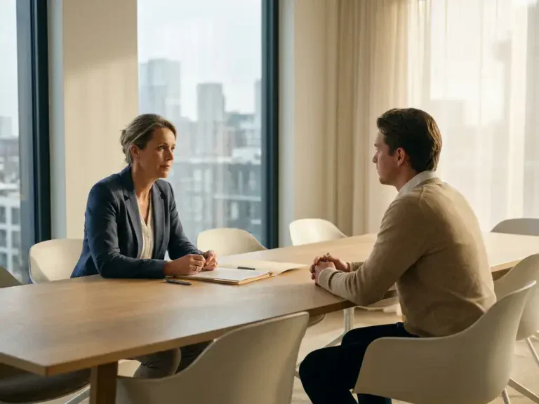 HR-professional en medewerker in gesprek aan houten vergadertafel in modern Nederlands kantoor met uitzicht op stadssilhouet.