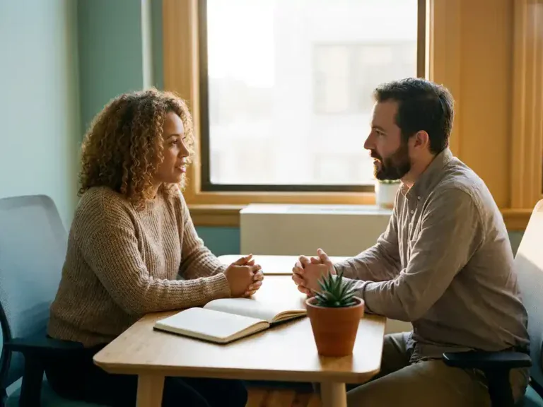 HR-professional en medewerker in gesprek aan modern bureau met notitieboek en plant, warm natuurlijk licht.