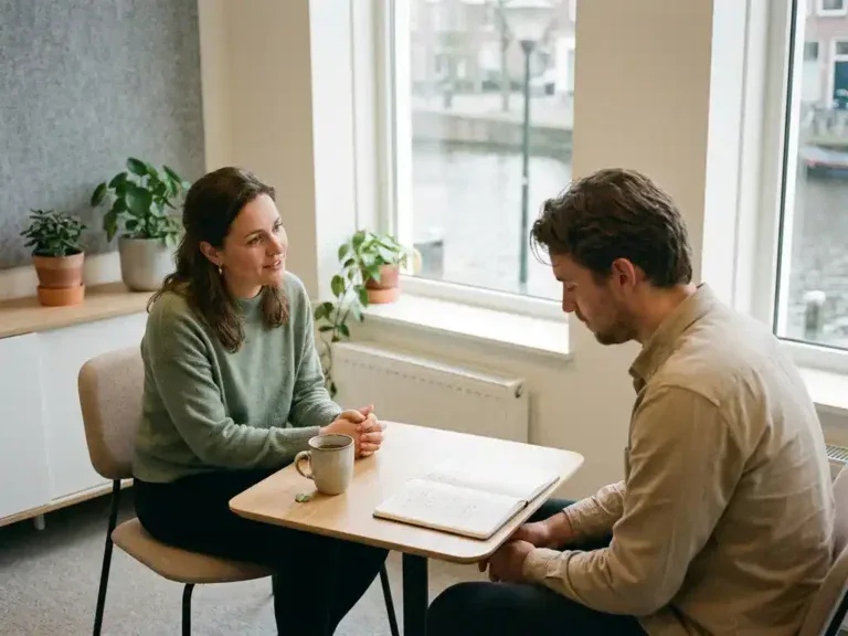 HR-professional in gesprek met een collega in nood, warm verlicht modern Nederlands kantoor, kopje thee op tafel.