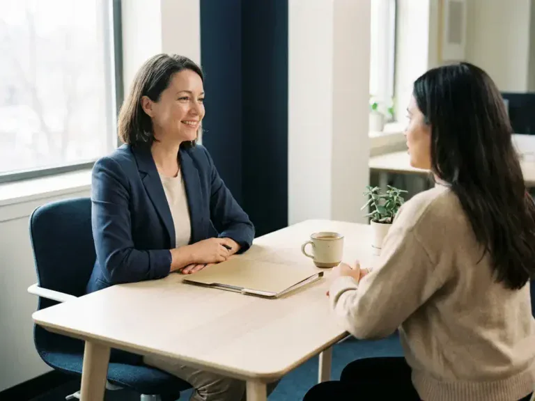 HR-manager en medewerker in gesprek aan modern bureau met map en koffie, warm natuurlijk licht, professionele sfeer.