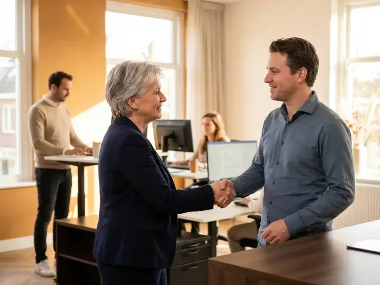 HR-manager schudt hand met vertrekkende medewerker in modern Nederlands kantoor, collega's werken rustig op de achtergrond.