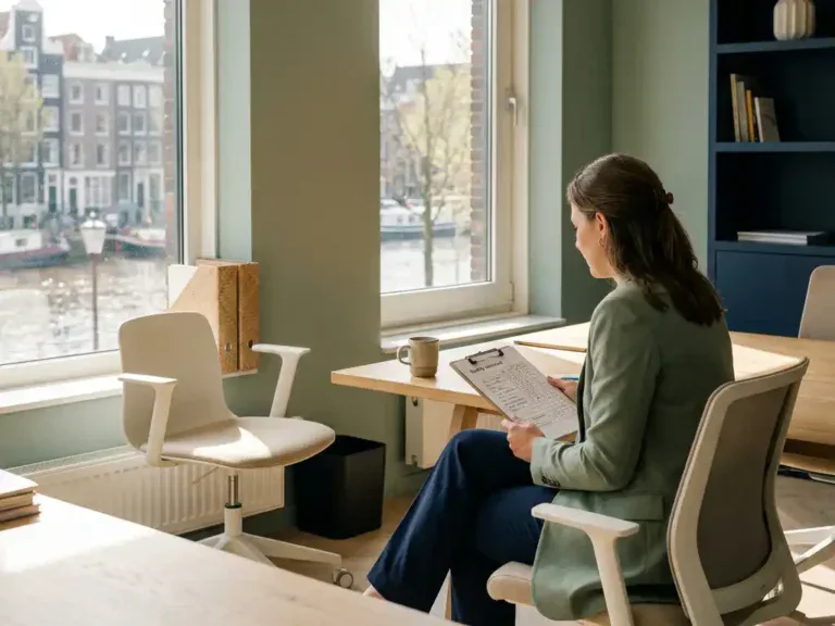 HR-manager bestudeert kwaliteitsscorekaart op klembord in modern Nederlands kantoor met natuurlijk daglicht.
