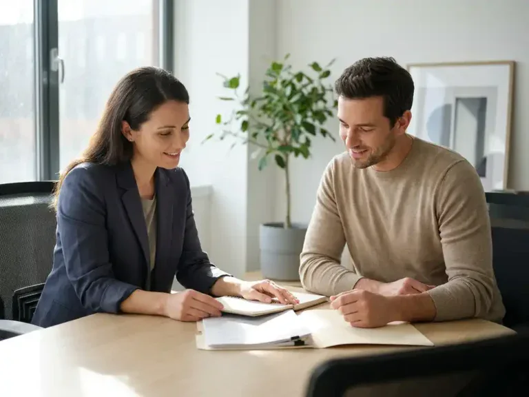 HR-manager en loopbaancoach bespreken overgangsdocumenten aan modern bureau in warm, natuurlijk verlicht kantoor.