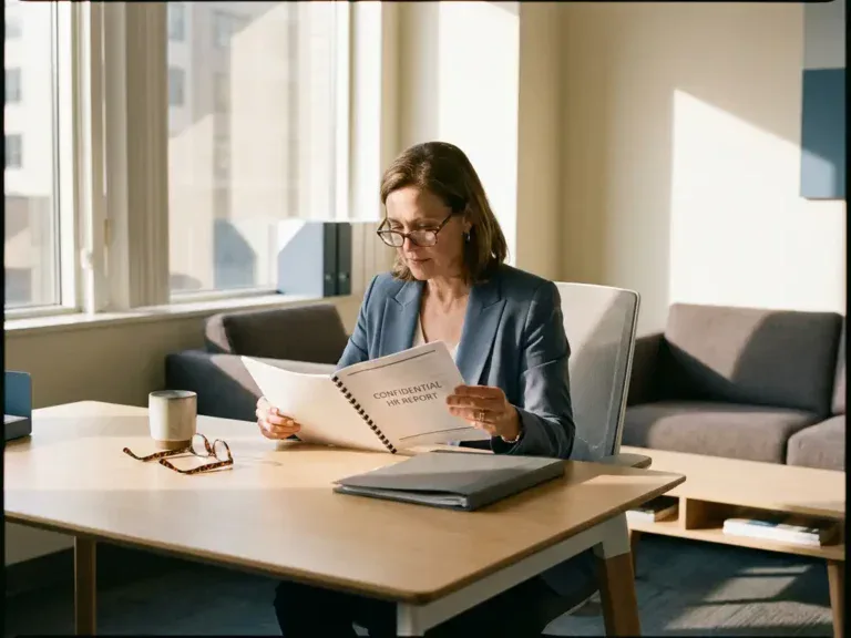 HR-manager bestudeert gestructureerd rapport aan modern bureau met map en leesbril, warm natuurlijk licht vanuit kantoorraam.