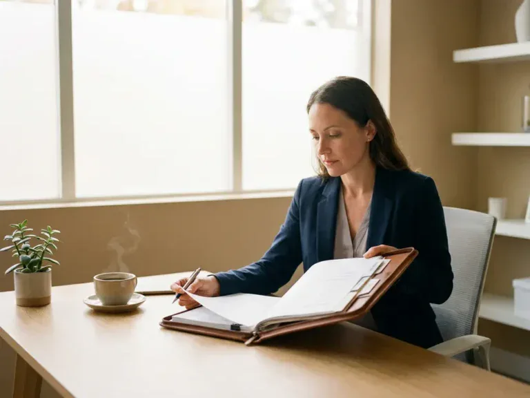 HR-manager bekijkt georganiseerde sollicitatiemap op modern kantoor met natuurlijk licht en kop koffie.