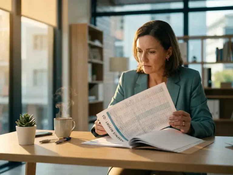 HR-manager bestudeert verzuimrapport aan modern bureau met koffie en succulent, warm natuurlijk licht.
