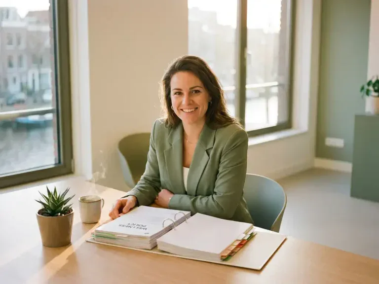 HR-manager bekijkt welzijnsbeleid binder aan modern Nederlands bureau met groene plant en koffie in warm ochtendlicht.