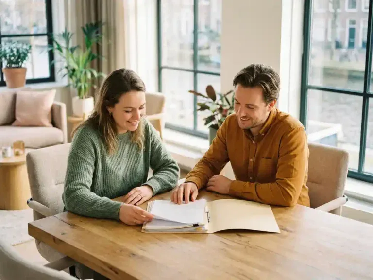 HR-professional en medewerker bespreken documenten aan houten bureau in licht modern Nederlands kantoor.