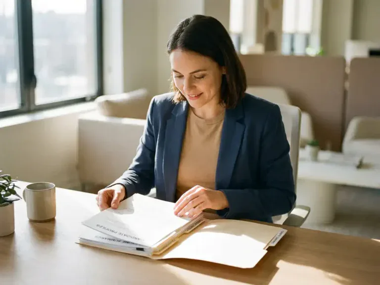 HR-professional bekijkt gestructureerde sollicitatiemap aan modern bureau in warm, natuurlijk kantoorlicht.