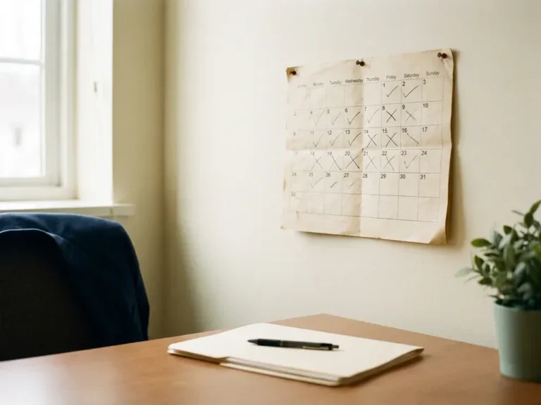 Versleten papieren kalender aan kantoorwand met afgestreepte weken, bureau met manila map en pen in zacht natuurlijk licht.
