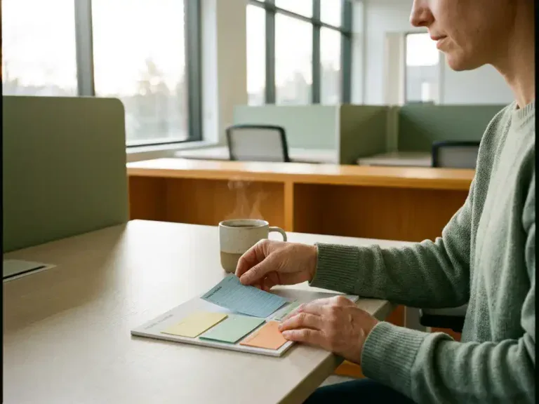 Professional die kleurgecodeerde weekplannerkaarten op een bureau schikt in een modern Nederlands kantoor, met koffie en zacht natuurlijk licht.
