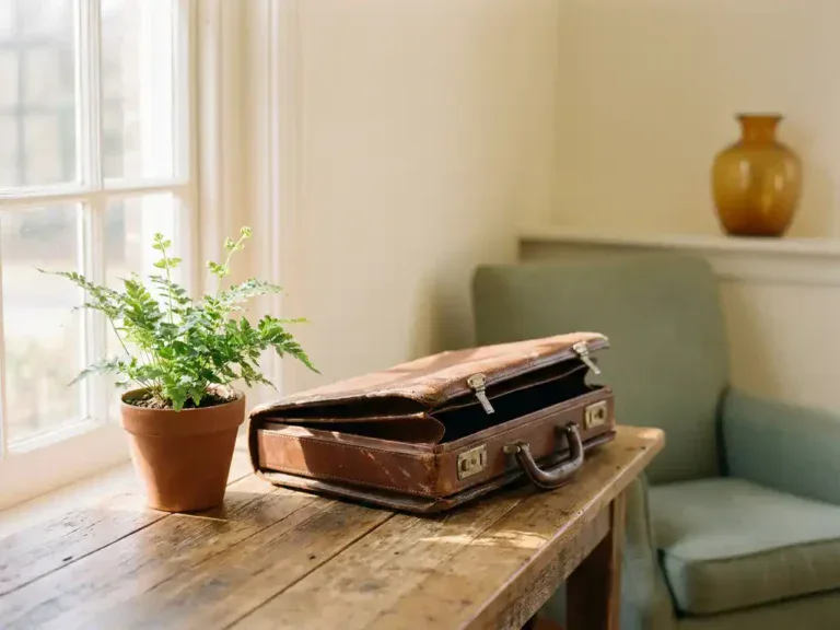 Openstaande versleten leren aktetas op een houten bureau in warm zonlicht, met een frisse groene plant ernaast.