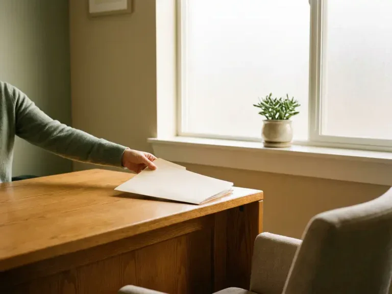 Loopbaanbegeleider schuift een warme map over een houten bureau in een licht kantoor met groene plant op de vensterbank.