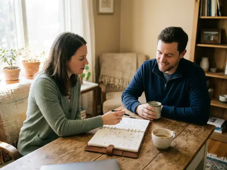 Loopbaanadviseur en medewerker in gesprek aan houten bureau met open notitieboek vol schetsmatige carrièrepaden, zachte natuurlijke belichting.