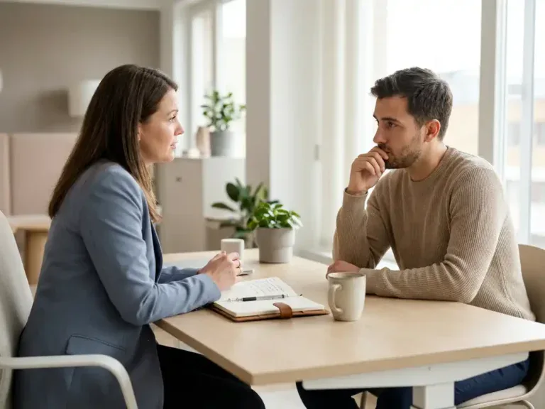 Loopbaanadviseur en medewerker in gesprek aan modern bureau met notitieboek en koffie, zacht natuurlijk licht.