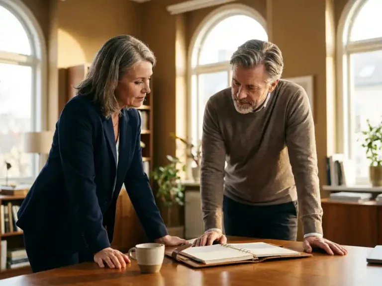 Vijftiger in gesprek met loopbaanadviseur aan houten bureau, met notitieboek en koffiekopje, warm natuurlijk licht.