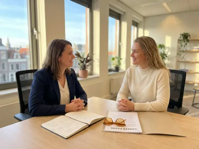 Vrouw in gesprek met loopbaanadviseur aan modern bureau met open notitieboek en documentmap, warm natuurlijk licht.