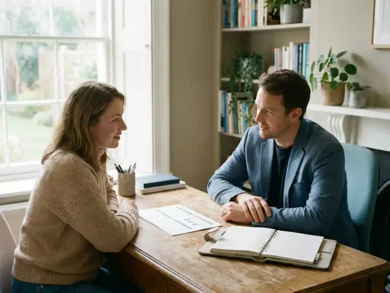 Loopbaanbegeleider en medewerker in gesprek aan houten bureau met carrièreplan en agenda, warm kantoor met natuurlijk licht.