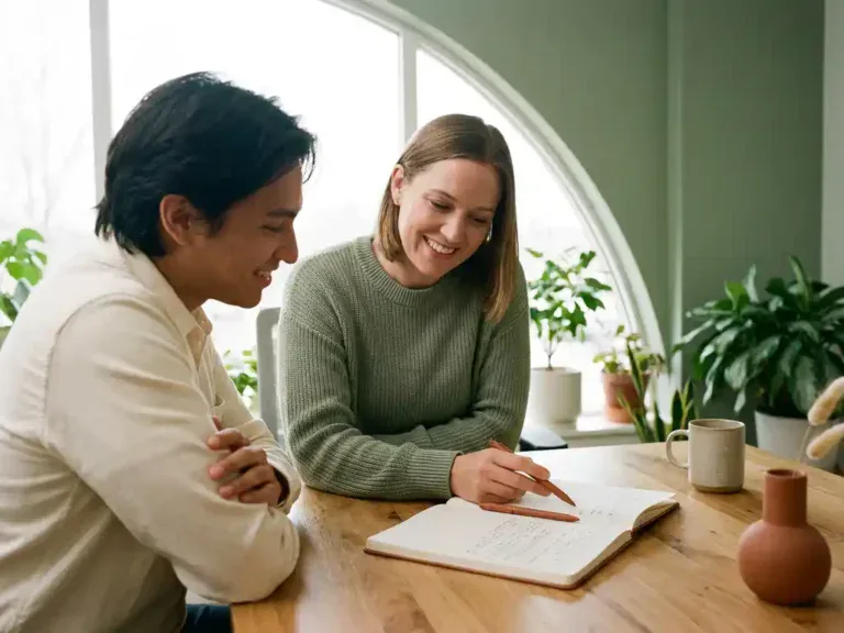 Loopbaanbegeleider en medewerker bekijken samen aantekeningen in notitieboek aan houten bureau in lichte, moderne werkruimte.