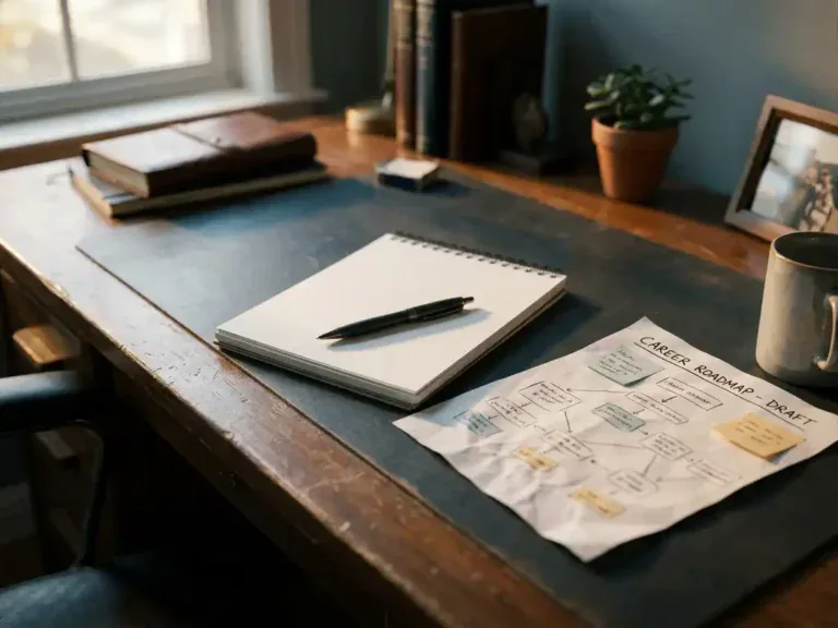 Bureau van loopbaanbegeleider met half-ingevuld routekaartdocument, pen op leeg notitieboek, zacht natuurlijk raamlicht.