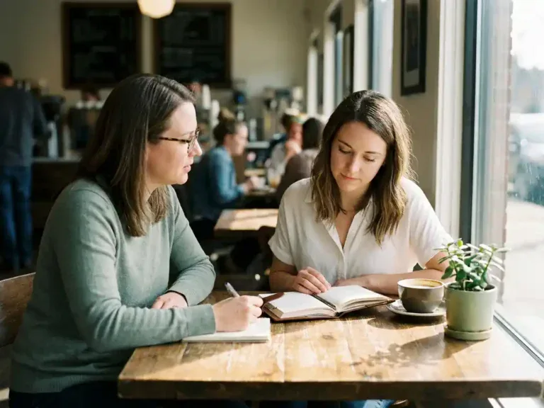 Loopbaanbegeleider en medewerker in gesprek aan een zonnig cafétafel, medewerker leunt voorover met notitieboek en koffie.