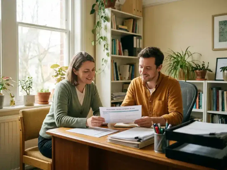 Loopbaanbegeleider en medewerker bespreken persoonlijk ontwikkelingsplan aan houten bureau bij raam in warm ochtendlicht.