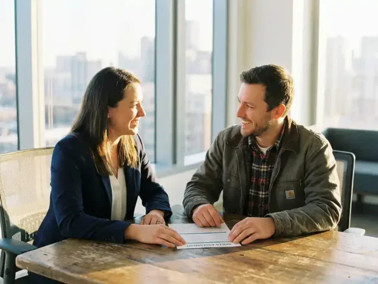 Loopbaancoach en vakman bespreken samen een vaardigheden­werkblad aan een houten tafel in een licht modern kantoor.